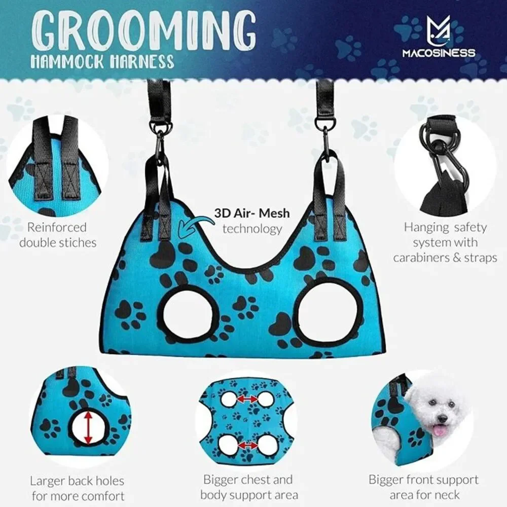 Dog Pet Grooming Hammock Harness Blue w Black Paw Print